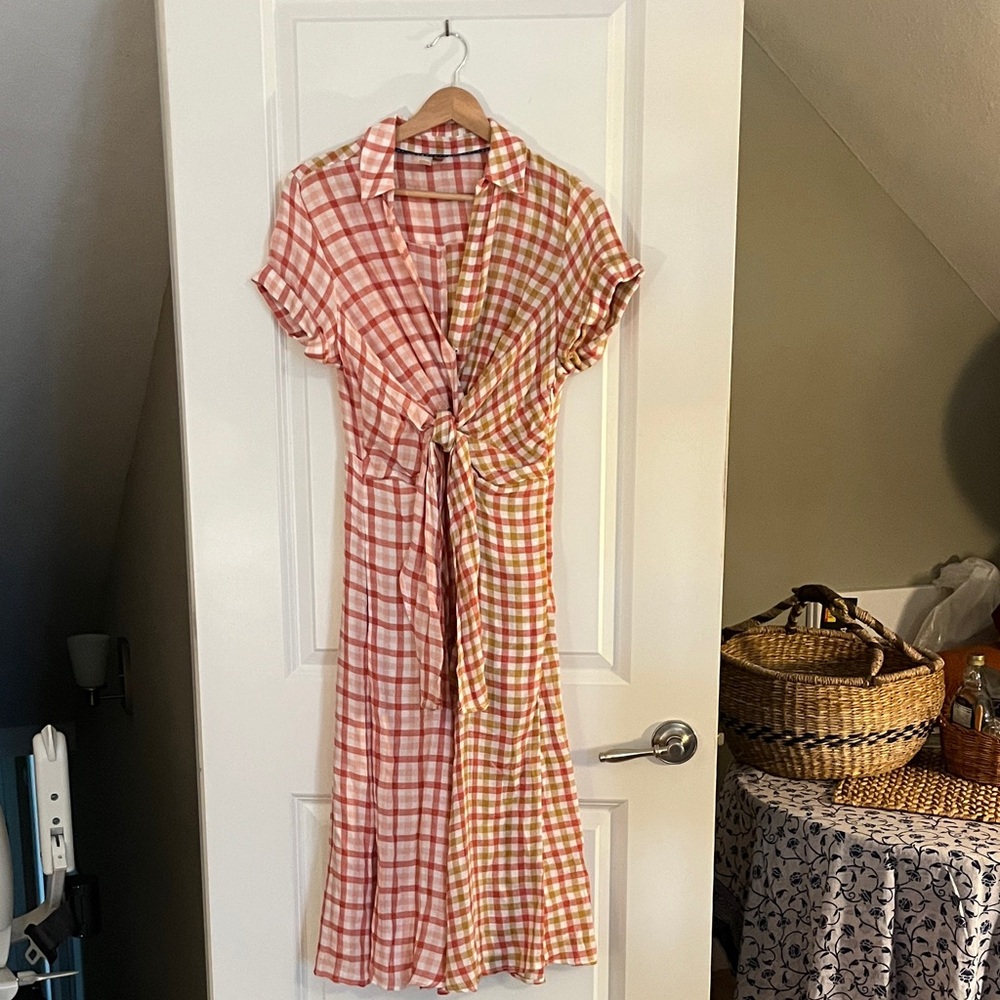 Women's Pink & Green Plaid Tie-Front Midi Dress